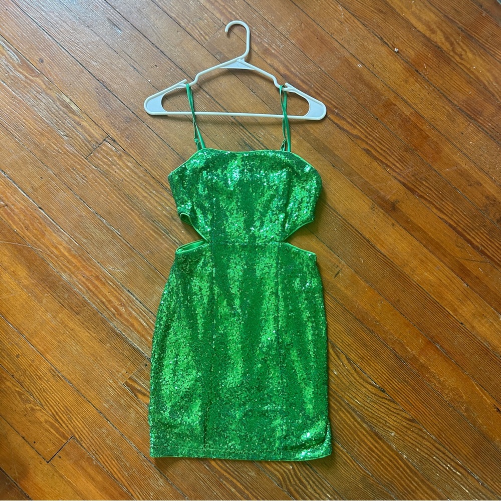 lulu’s green sequin mini dress with cut outs